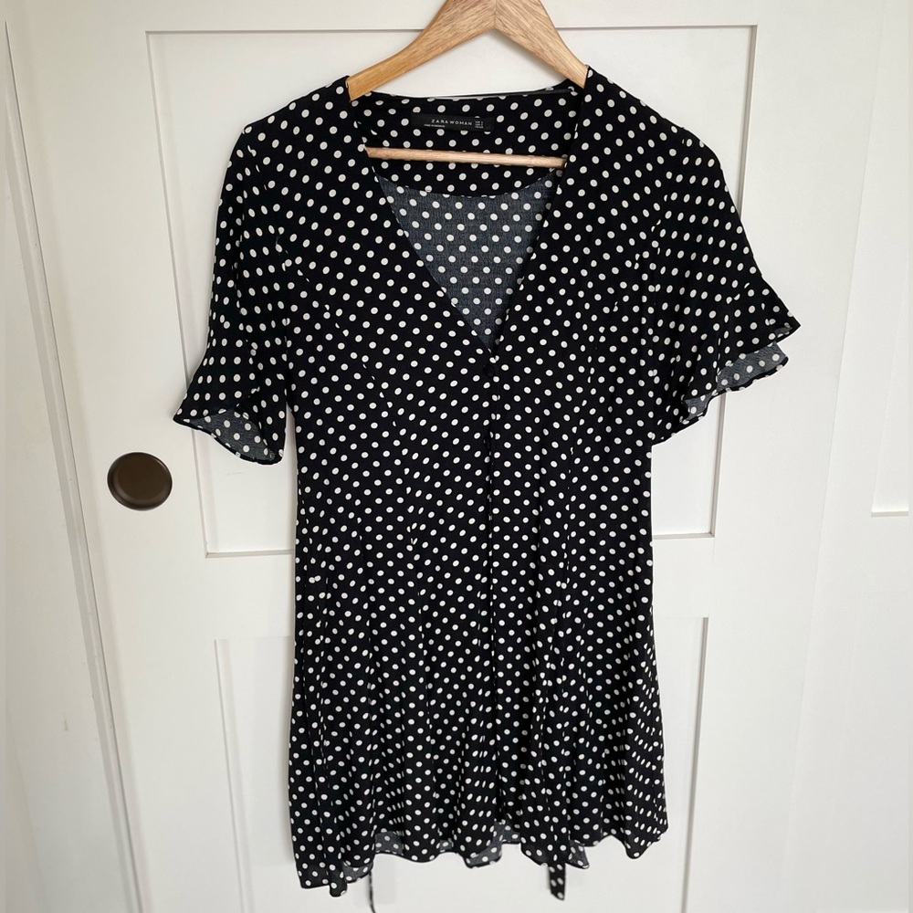Zara Black and Cream Polka Dot V-Neck Tunic
